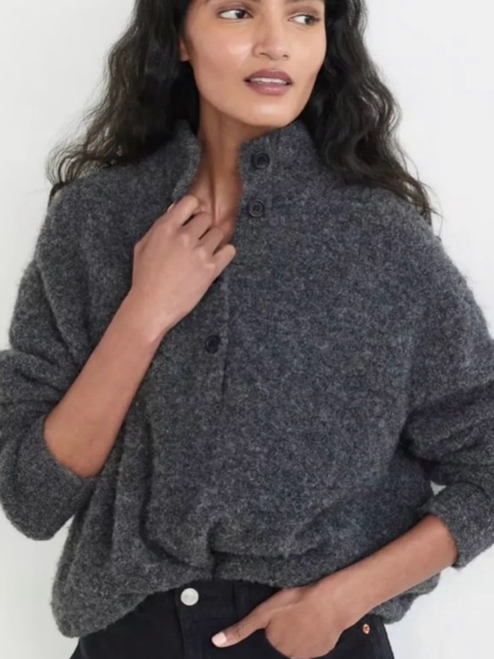 Jenni Kayne Boucle Alpaca Merino Wool Button Mock Neck Sweater Large Gray Cozy